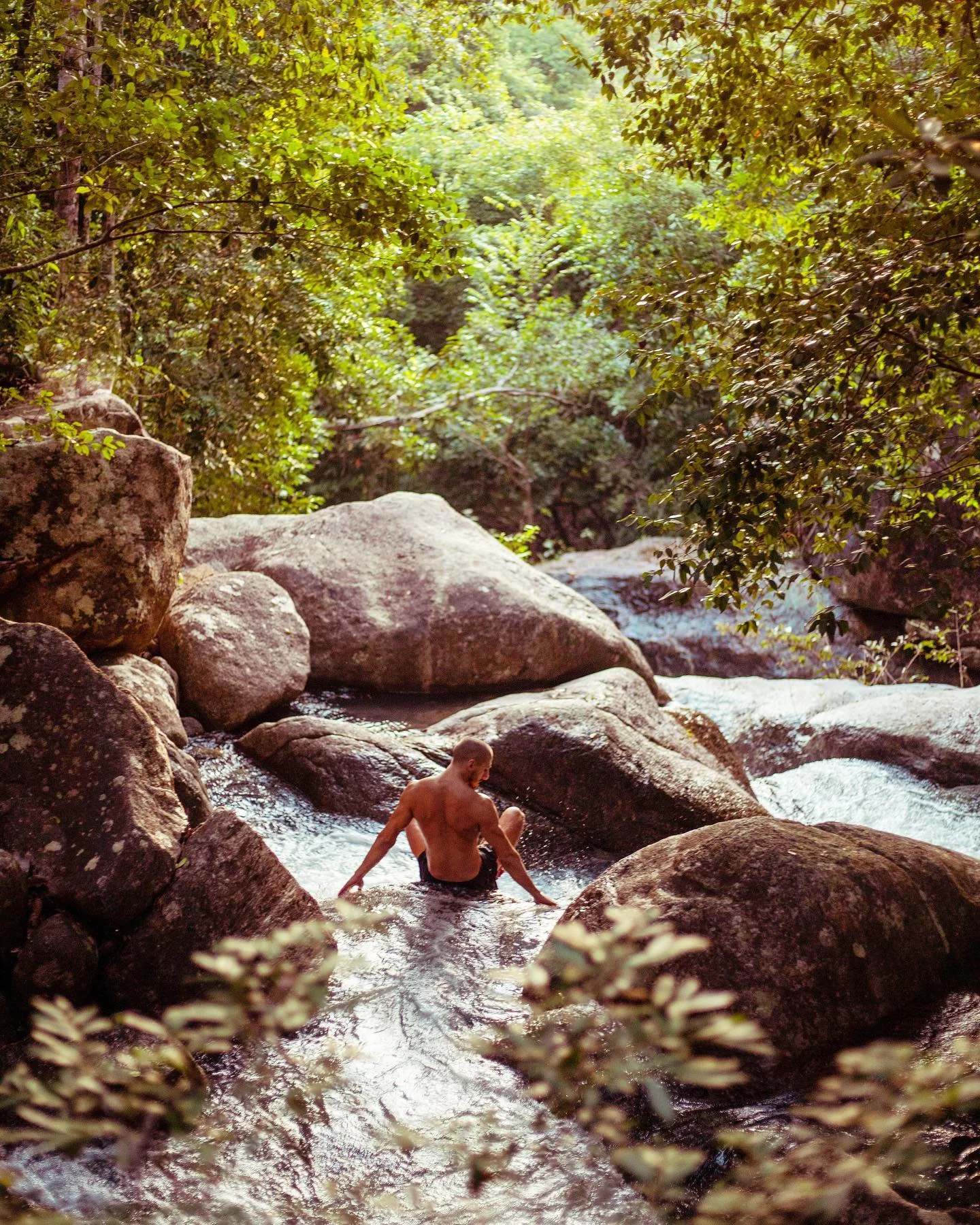 A person sitting in a shallow jungle stream between boulders, surrounded by rainforest